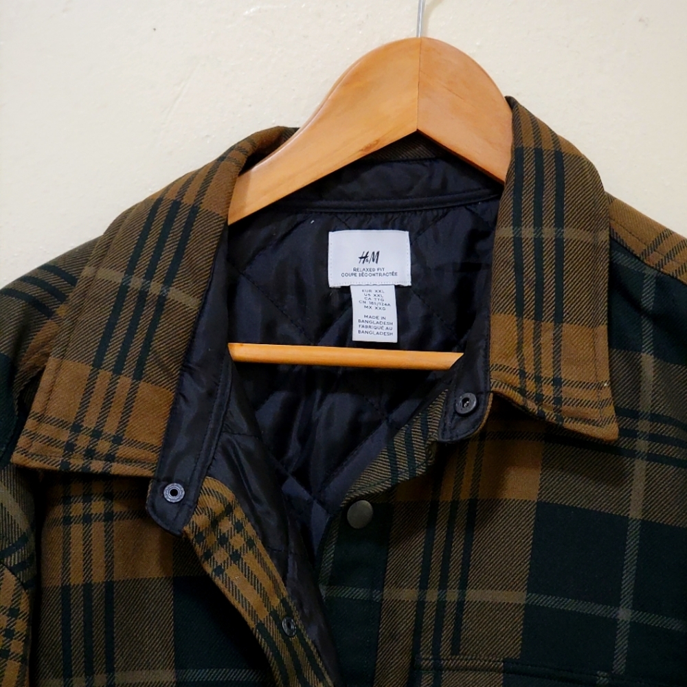 H&M PLAID QUILTED MEN'S JACKET XXL BROWN CHECKERS OVERSIZED